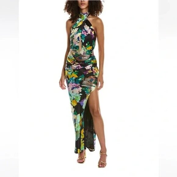 Nicholas Catalina Halter Cutout Asymmetrical Silk Gown Dress Black Floral - Picture 1 of 16